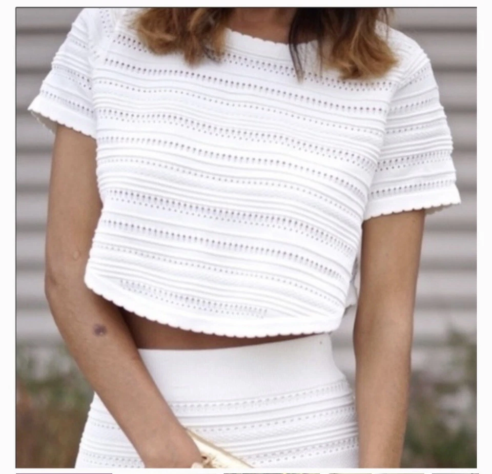 Torn by Ronny Kobo Ivory Stretch Knit Mesh Short Sleeve Crop Top Blouse Large L - Image 2 of 4