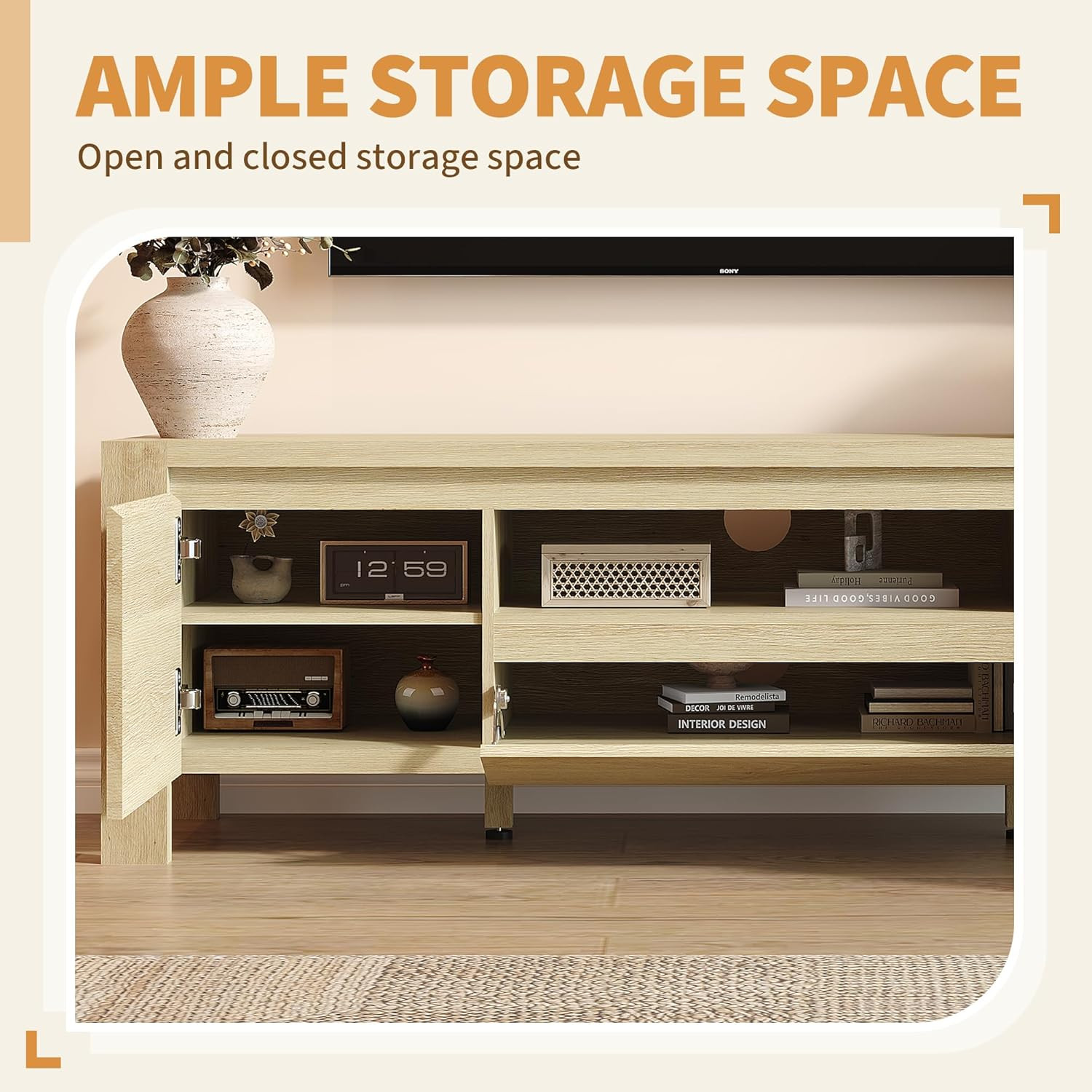 Stylish 55" Farmhouse TV Stand with Doors for TVs up to 60", Natural Finish