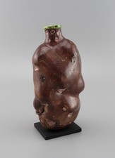 Rare c1820s-1860s American Folk Art Pottery Potato Flask Brown w Green and Pink
