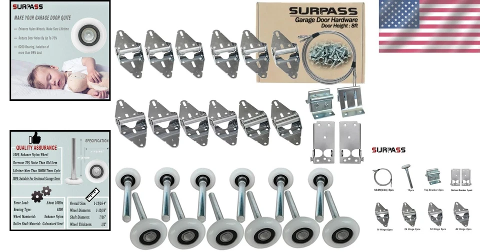 车库门硬件套件滚轮铰链支架电缆适用于8英尺高门 — 第 2/4 张图片