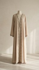 Beige Embroidered Abaya / Kaftan Elegant Floral Trim Modest Maxi Dress Size M