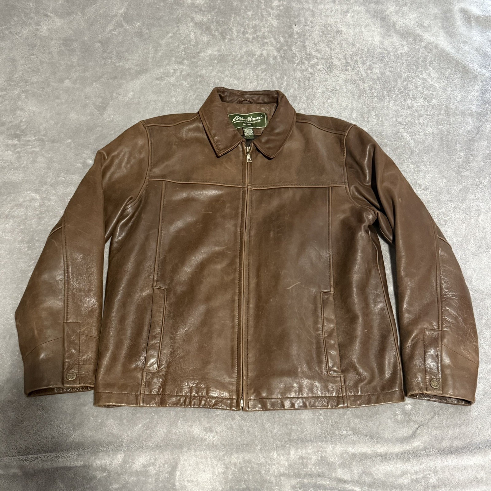 Vintage Eddie Bauer Leather Brown Bomber Jacket Quilt Lined Soft Heavy Men’s L