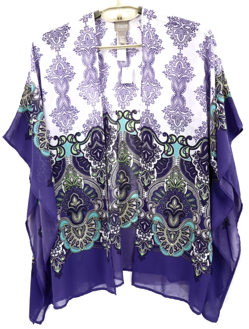NWT CHICO'S Women's Sheer Polyester Open Poncho Blouse Short Sleeve Paisley S M