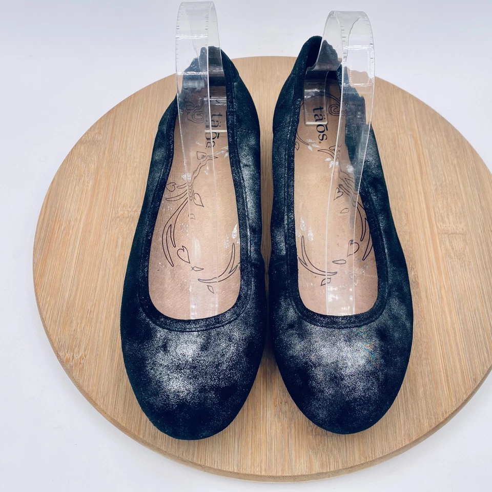 Zapatos planos de ballet cómodos sin cordones de cuero negro Taos para mujer 8 Foto 2 de 4
