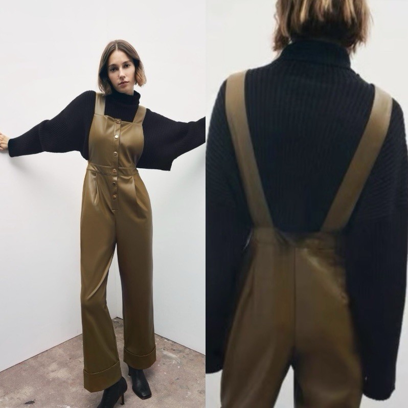Zara Faux Leather Khaki Olive Overall Jumpsuit Button Front Size XS