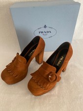 NEW Prada Platform Loafers Suede Cognac Brown Kiltie Fringe Block Heel 37.5 7.5