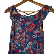 Loft Petites XXSP Mini Dress Blue Pink Paisley Flutter Sleeve Stretch Rayon Sun