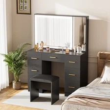 LED Make up Vanity Desk with Lighted Mirror, Stool, 7Drawers & Power Outlet NEW!