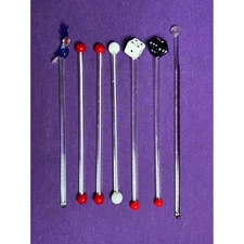 Set of 7 Unique Glass Cocktail Stirrers Swizzle Stick Parrot Dice Barware VTg