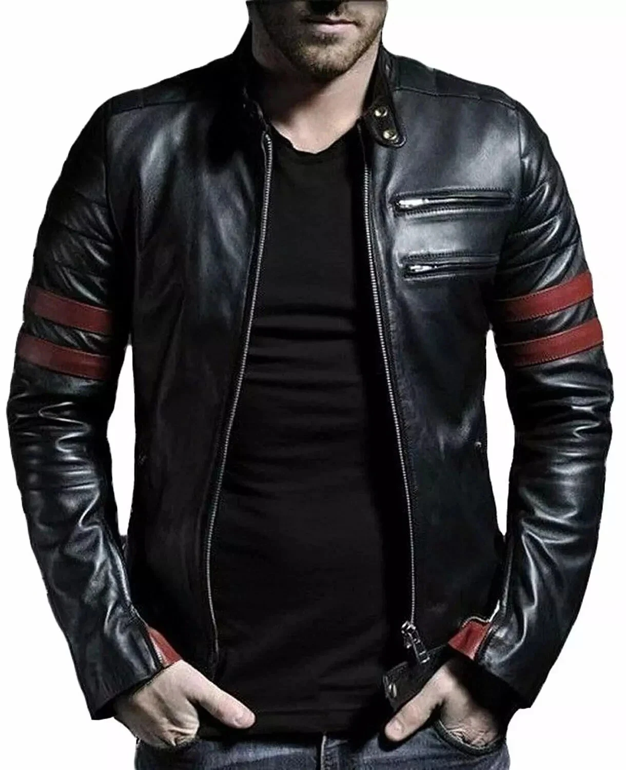 Men's Leather Jacket Motorcycle Black Slim Fit Biker Genuine Lambskin Jacket