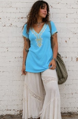 Moda Blue Ribbed Beaded Rhinestone Tunic Top XL Boho Stretch Embroidered