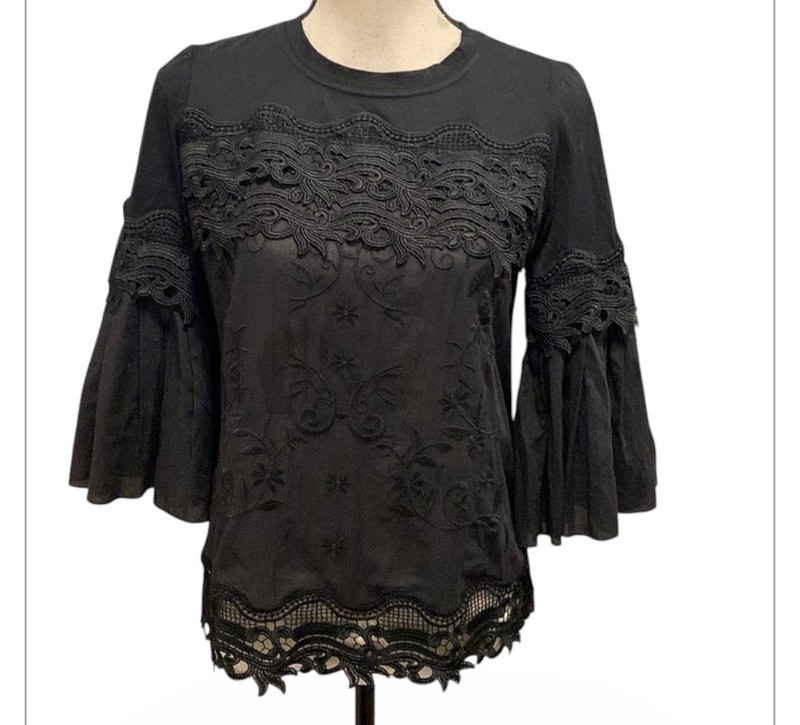 Kobe Halperin Embroidered Black Lace Three-Quarter Sleeve Blouse