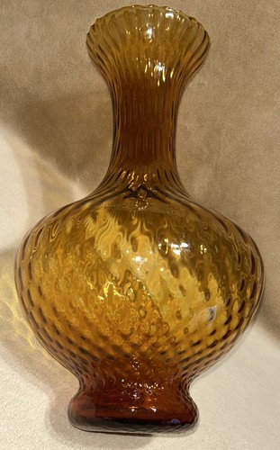 VTG MCM Amber Hand Blown Large 13.5” Empoli Glass Vase Made In Italy Block Optic - Picture 10 of 13