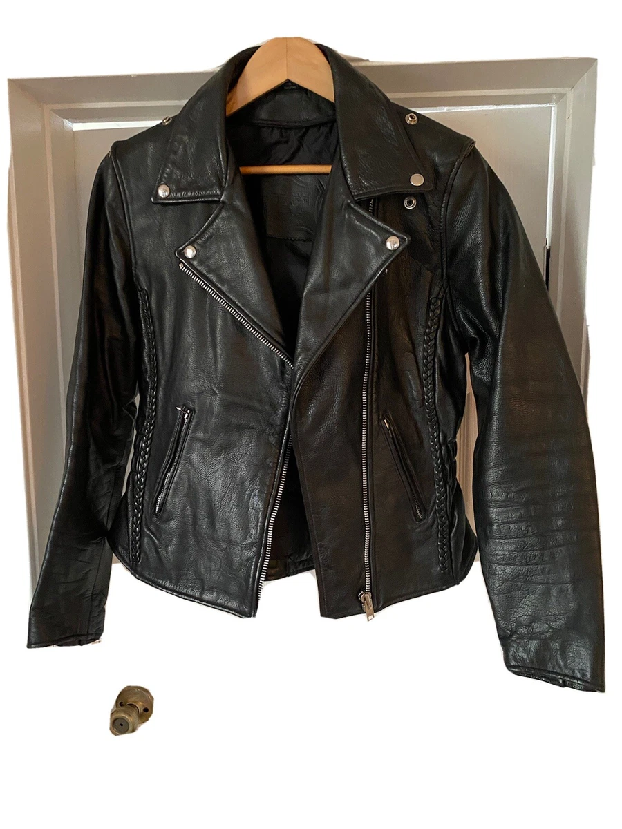 Women's Black Leather Motorcycle Jacket, used With Embroidered Patch | eBay