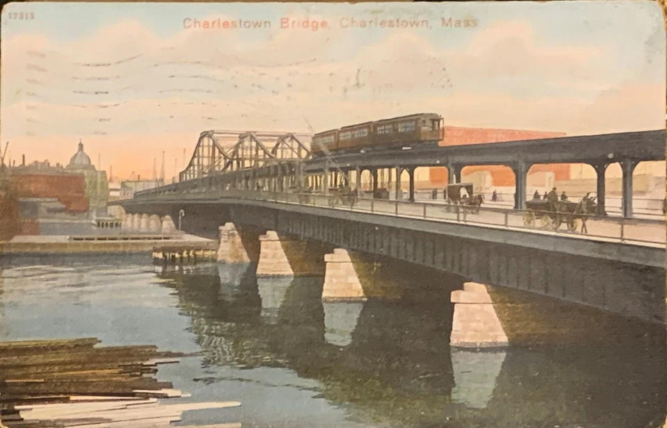 Charlestown Bridge, Charlestown Postcard with a rare 1 Cent B. Franklin stamp - Image 2 of 3