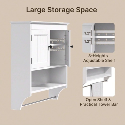 Lofka Bathroom wall mounted cabinet with towel bar and 2 door adjustable racks - Picture 16 of 21