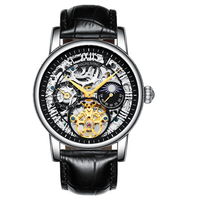 HIGH LIVING  Herren Automatikuhr Analog Skelett Mechanisches Lederarmband