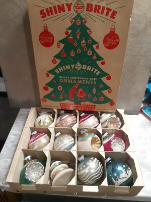 12 SHINY BRITE Ornaments Dbl Indent, Mica, Pink, made in U.S.A.