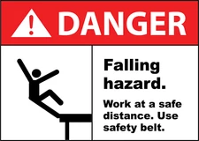 DANGER FALLING HAZARD. WORK AT A SAFE DISTANCE. | Adhesive Vinyl Sign Decal