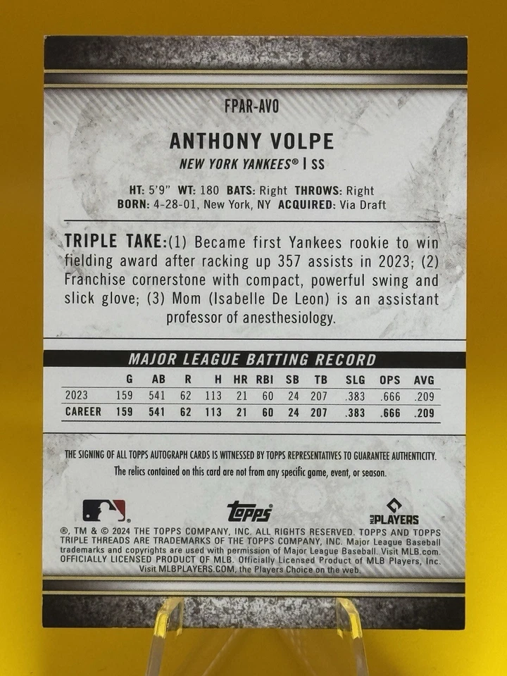 2024 Triple Threads Anthony Volpe Gold 26/35 Future Phenoms Auto & Relic Yankees - Image 2 of 2