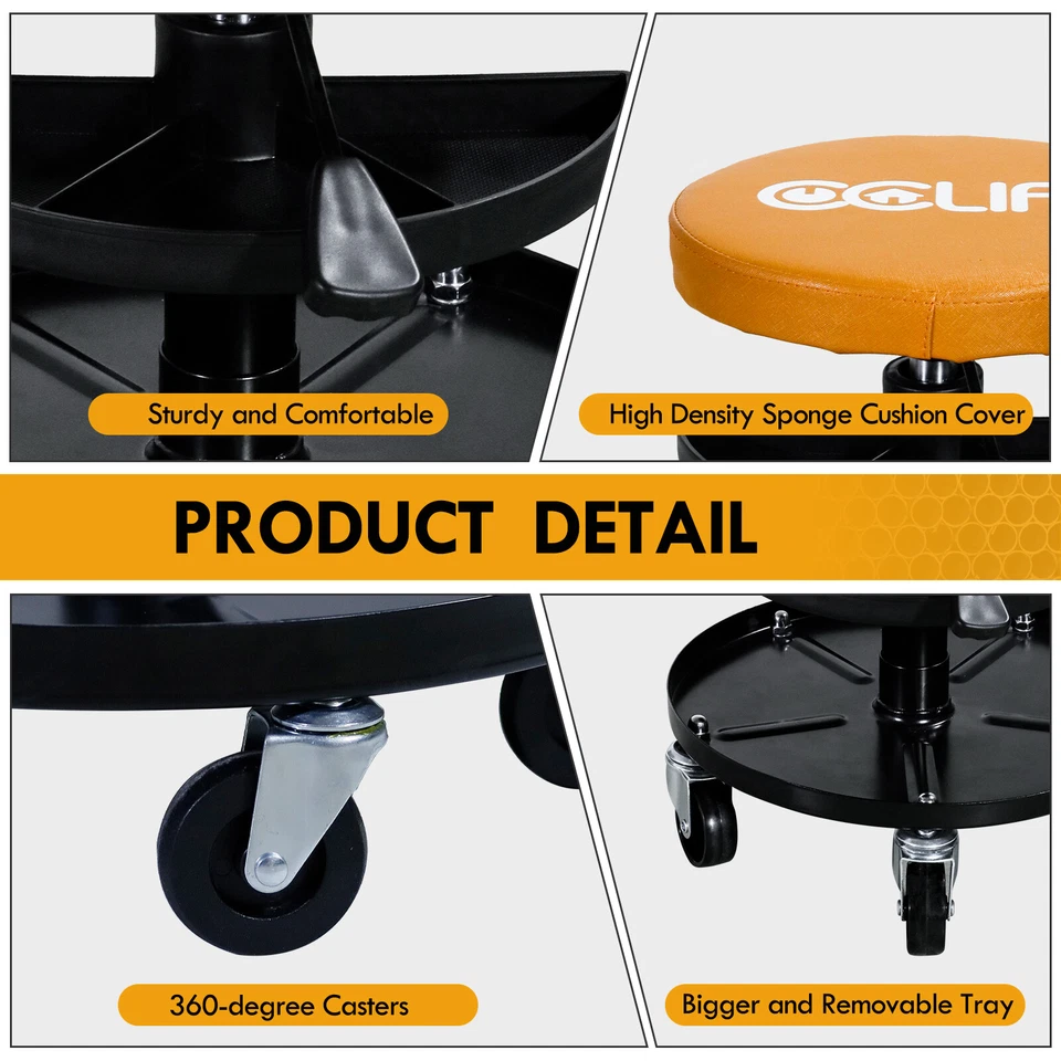 Werkstatthocker Mit Rollen Höhenverstellbar Werkstattstuhl 2 Ablagen 150kg - Bild 3 von 4