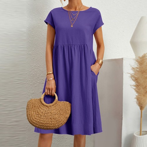Women's Cotton Linen Short Sleeve A-Line Dress Summer Beach Holiday Sundress US - Picture 6 of 24