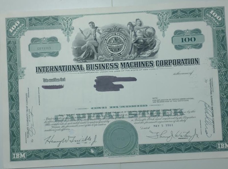 1961 Original IBM stock ctf 100 shs ctf#C011183 cxl NM Name blacked out FRAMING
