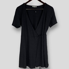 ZARA TRAFALUC Womens Black V-Neck Short Sleeve Ribbed Dress SIZE L NEW