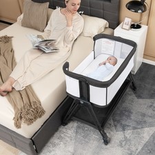 Baby Bedside Sleeper Baby Bassinet w/ 4-Side Mesh Cloth Baby Crib Grey White