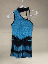 Weissman jazz dance costume Adult Small SA Turquoise Blue Sequins W Fringe EUC