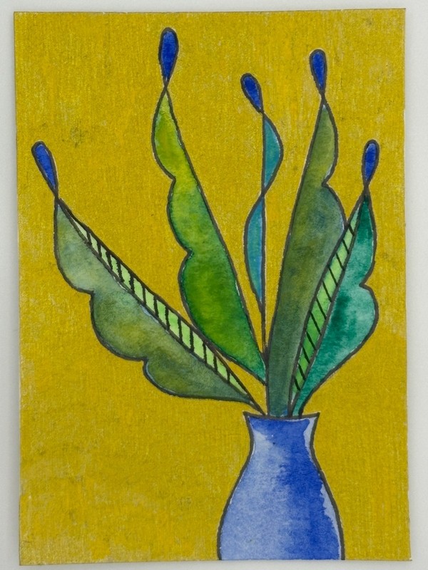 Original ACEO Watercolor & Pen Abstract Leaves in Vase Blue & Green by BreyhaArt