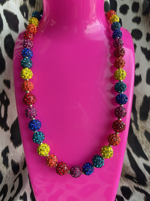 Betsey Johnson Rainbow Multicolor Fireball Resin Crystal Bead Necklace SPARKLY