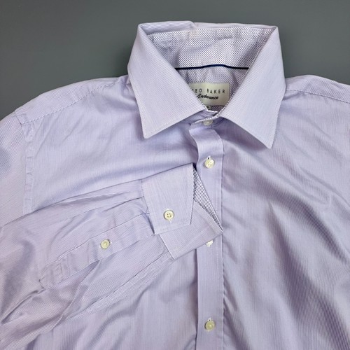 Camisa Ted Baker Para Hombres 16 34/35 Púrpura Blanca Rayas Algodón Vestido de Negocios Grande