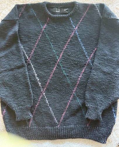 Dunhill, Vintage Dunhill Argyle Wool Silk Sweater Large, Charcoal Gray Crewneck- Ireland