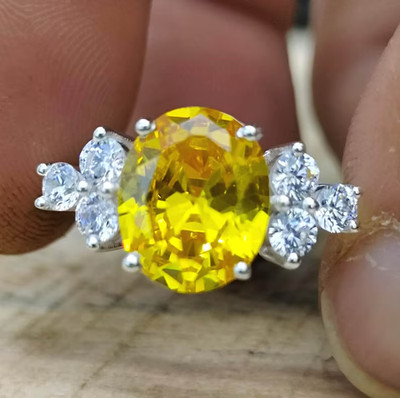 4.60Ct Oval Cut Natural Yellow Sapphire  & Diamond 14K White Gold Wedding Ring