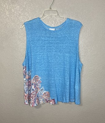 J Jill Love Linen Sleeveless Top Size 4X Blue Paisley Coastal Vacation Resort