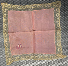 Vintage Woman  s Dainty Pink Hanky Pocket Handkerchief Lace Trim Embroider Flower