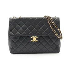 CHANEL Deauville 30 Single Flap W Chain Shoulder Bag Lambskin Black Gold #RC848