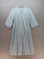 VTG Shadowline Nylon Robe Size Medium Sky Blue Long Snap Front Lace Trim GUC
