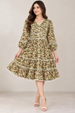 Women's Autumn Floral V-Neck Dress,Lace Trim,China Boski Fabric,Knee Length Boho