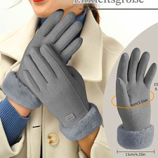 Damen Winterhandschuhe warm gef&uuml;ttert Fellbesatz Samt/Wolle grau Einheitsgr&ouml;&szlig;e