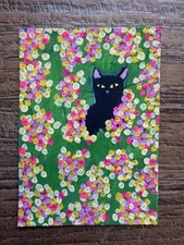 ACEO Original Painting Cat among pink yellow Flowers by BananahGrace 