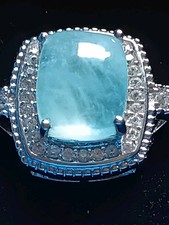 NEW 925 Sterling Silver Cabochon Aquamarine And White Topaz Ring Size 7.25 Halo