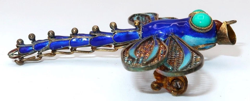 Broche Colgante Libélula Esmalte Azul 925 y Chapado en Oro Exportación China De Colección 2 3/4" Foto 4 de 4