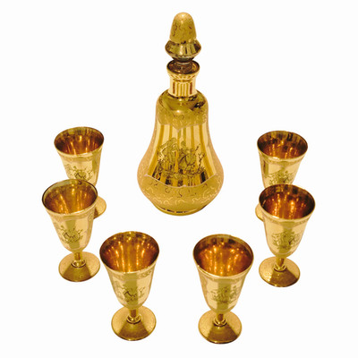 Vintage 8-Piece Gold Lusterware Hand-Painted Decanter & Stemware Glasses Set