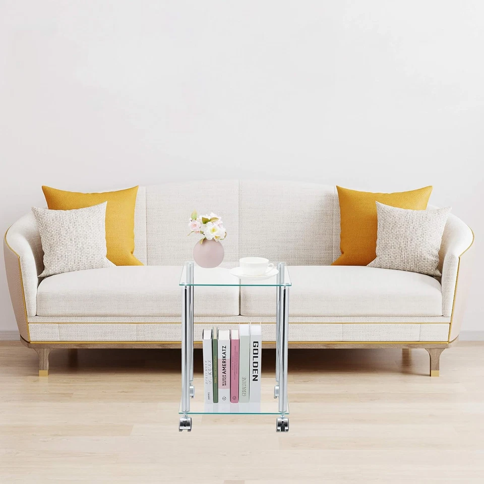 Tavolino Con Ruote, 2 Ripiani, Quadrato, per Salotto, Vetro E Acciaio, Tavolo Da - Immagine 4 di 4