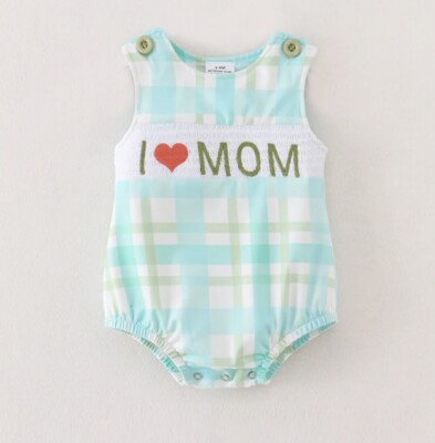 NEW Boutique Smocked 'I Love Mom' Baby Boys Romper Jumpsuit Mother's Day
