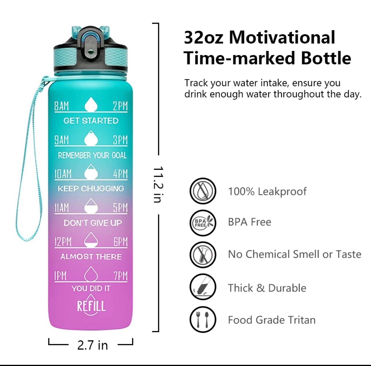 Tritan Sports Motivational Drinking Water Bottle With Time Marker 32 Oz BPA Free