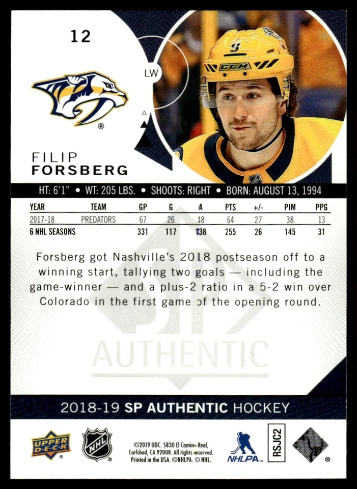 2018-19 SP Authentic Limited Red Filip Forsberg Nashville Predators #12 . - Image 2 of 2