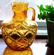 Rare EMPOLI PITCHER 1960s AMBER GLASS OPTIC DIAMOND Hand Blown 10" Twist Handle